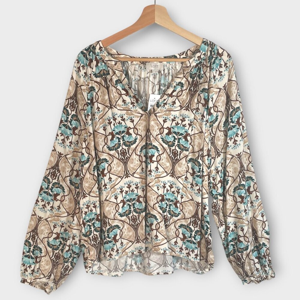 LOFT V-neck Popover BlouseTop LARGE Eclectic Boho Earth Tone Teal Accent NEW